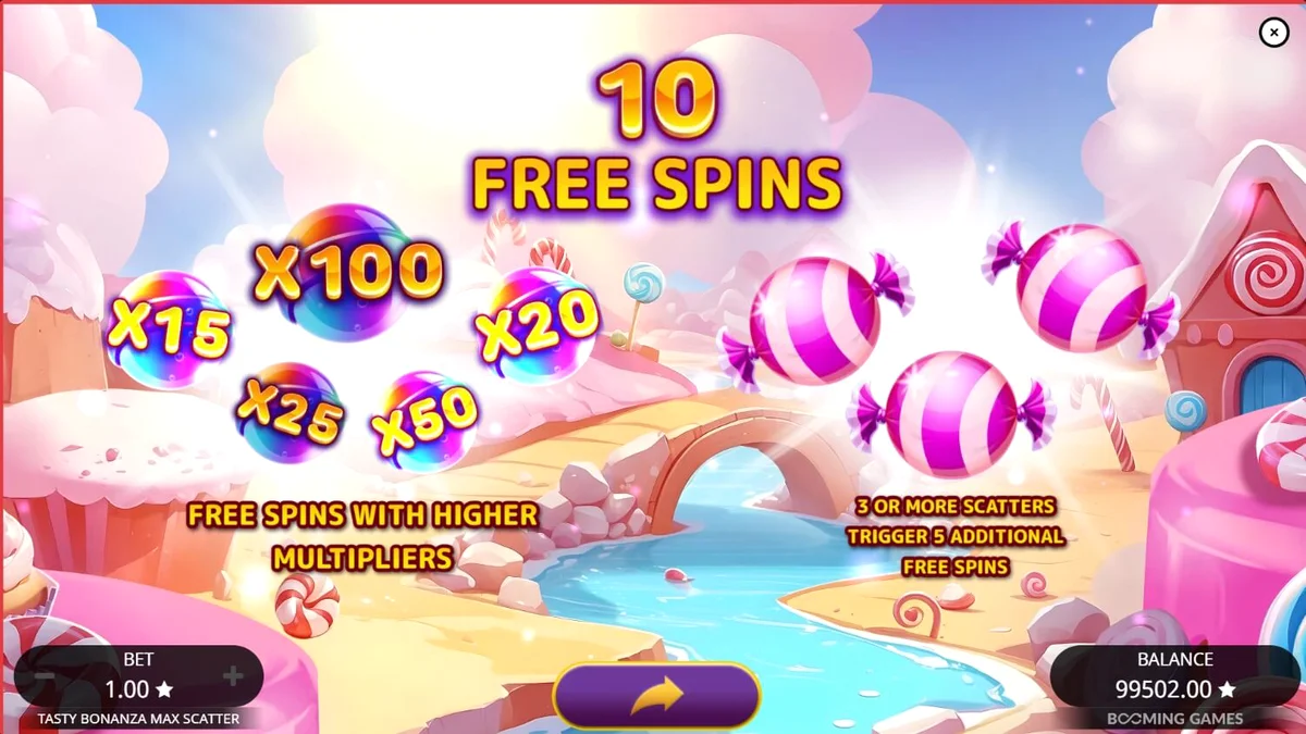 Tampilan visual ceria dari slot Tasty Bonanza Max Scatter dengan tema permen.
