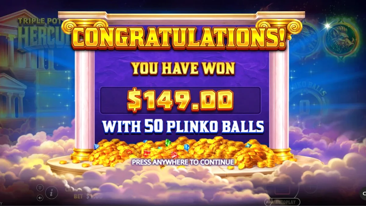 Tampilan visual slot Triple Pot Plinko – Hercules dengan latar belakang Gunung Olympus.